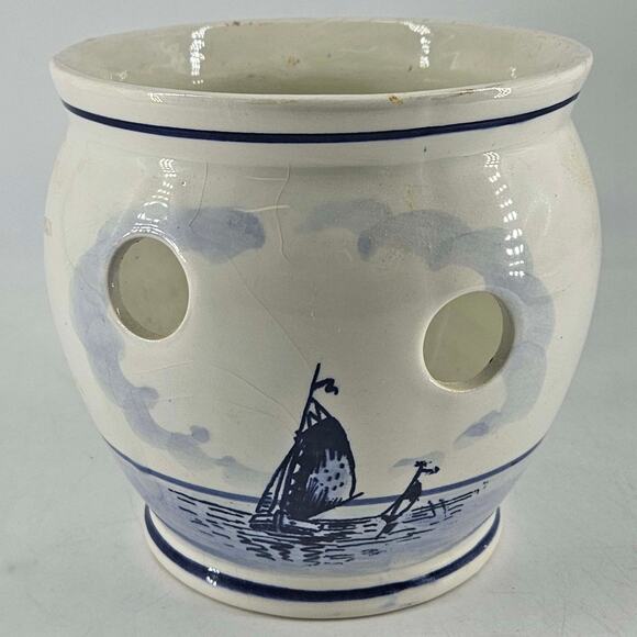 Vintage Delft Blue Holland Orchid Crocus Hand Painted Porcelain Pot Planter - Picture 4 of 5